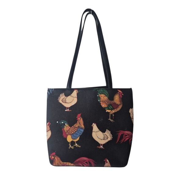 Rooster Chicken Novely Print Bedazzled Tote Bag Black Magnetic Snap Cottagecore - Picture 1 of 5